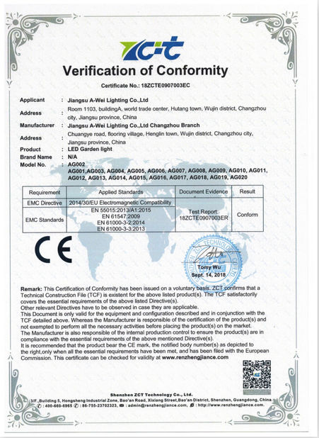 China Jiangsu A-wei Lighting Co., Ltd. Certificações