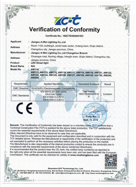 China Jiangsu A-wei Lighting Co., Ltd. Certificações