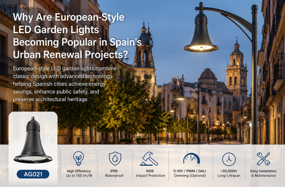 Últimos blogs da empresa sobre Por que as luzes de jardim LED de estilo europeu estão se tornando populares nos projetos de renovação urbana da Espanha?
